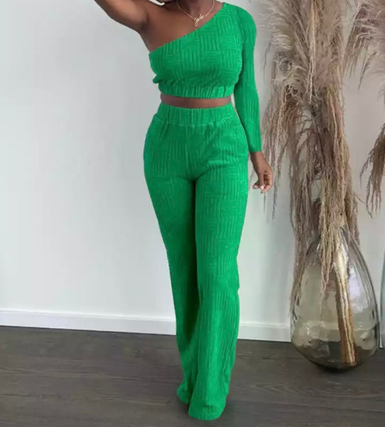 Women One Shoulder Crop Sexy Two Piece Pant Set