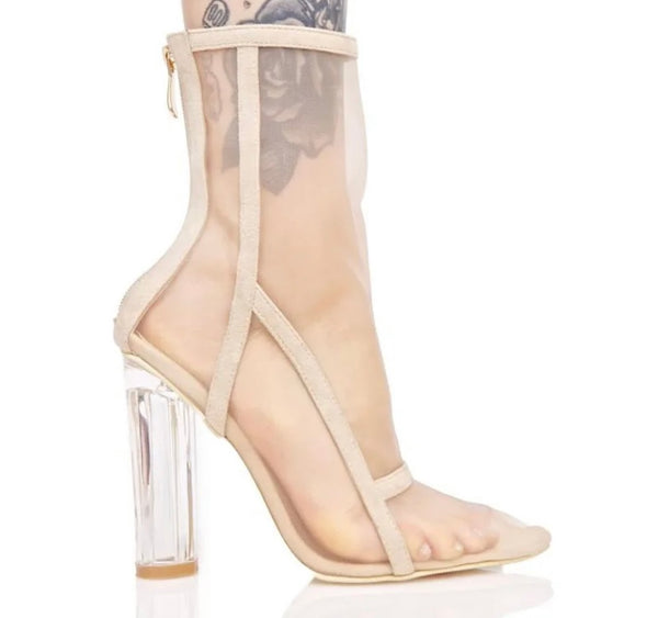 Women Fashion Mesh Transparent Heel Ankle Boots