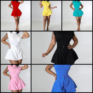 Women Fashion Solid Color Bodysuit Two Piece Short Set