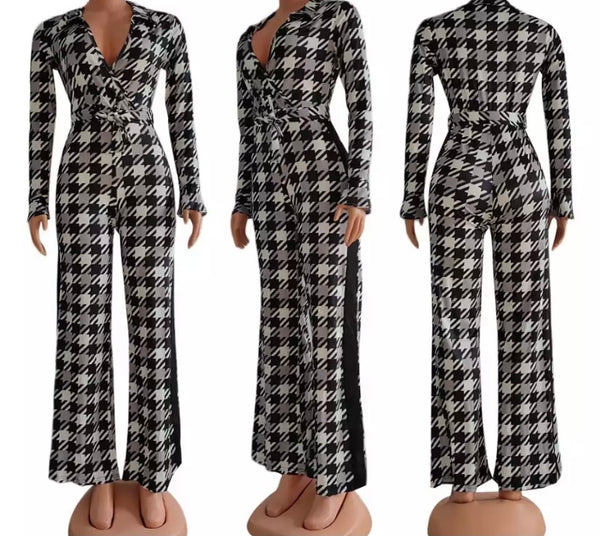 Women Fashion Houndstooth Full Sleeve Jumpsuit