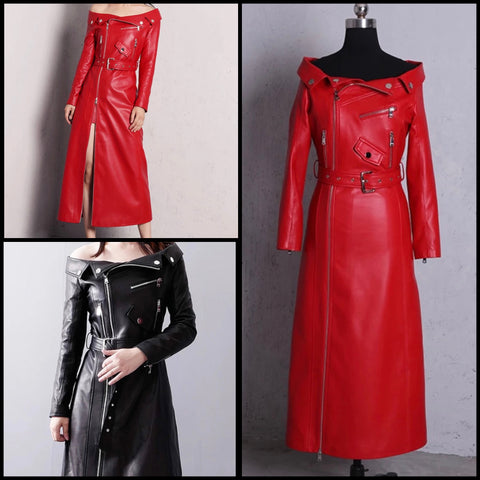 Women S-7X Sexy Off The Shoulder Zipper Leather Maxi Dress