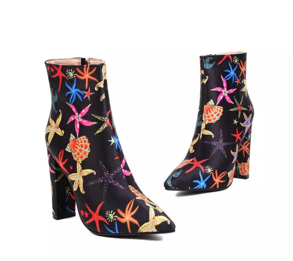 Women Multicolored Print Pointed Toe Fashion Ankle Boots