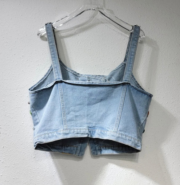 Women Fashion Sleeveless Crystal Button Up Denim Crop Top