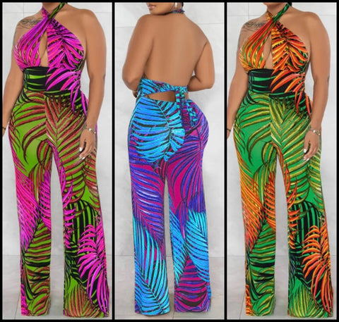 Women Sexy Halter Multicolored Tropical Print Jumpsuit