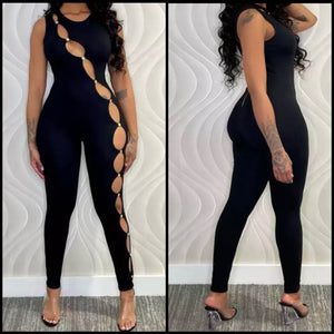 Women Sexy Black Sleeveless Hollow Out Jumpsuit