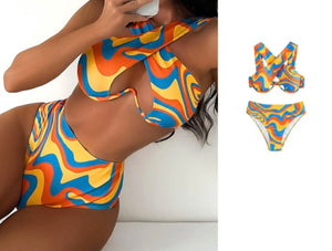 Women Multicolored Print Sexy Halter Bikini Swimsuit