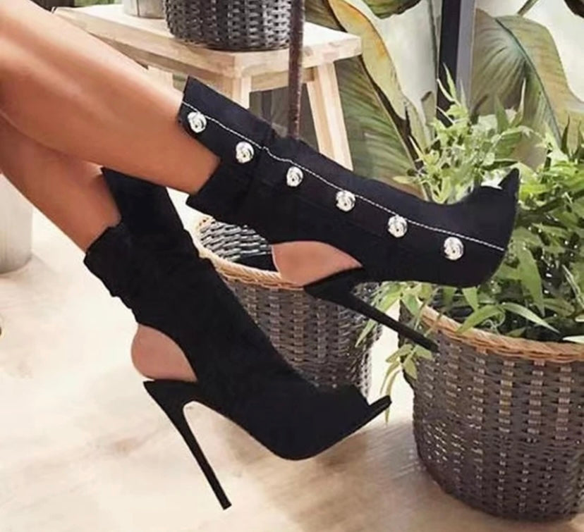 Women Open Toe Suede High Heel Ankle Boots