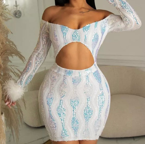 Women Sexy Sequins Off The Shoulder Full Feather Sleeve Cut Out Dress