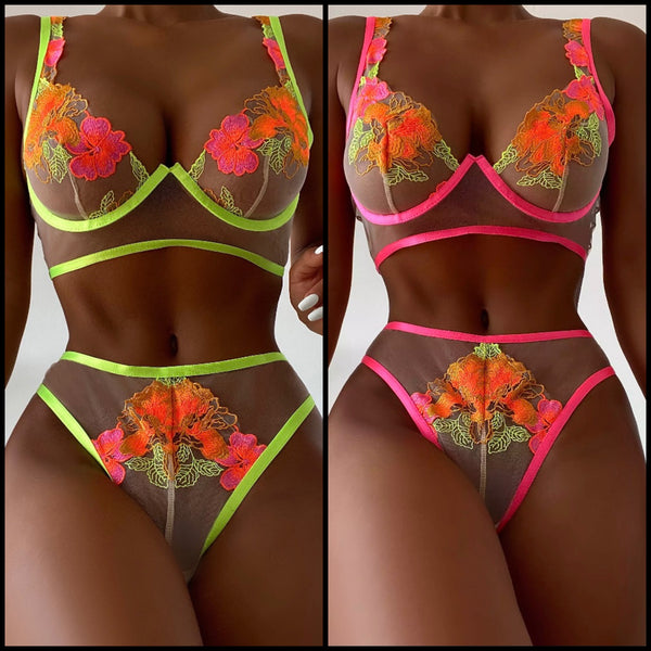 Women Sexy Mesh Neon Floral Lingerie Set