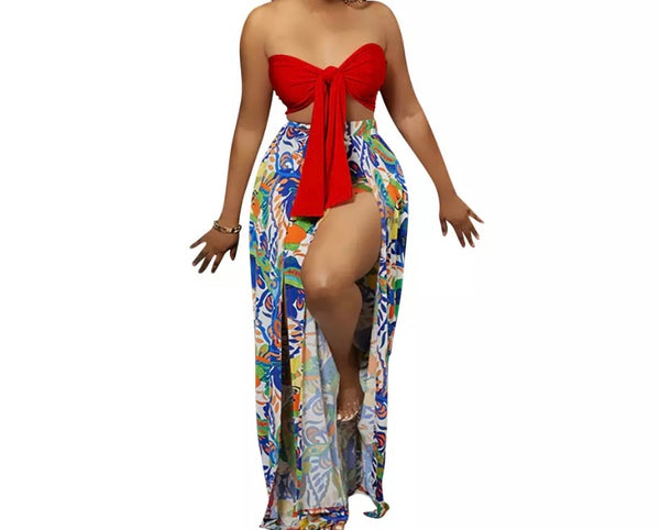 Women Sexy Strapless Tie Up Crop Two Piece High Split Pant Set