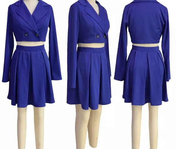 Women Solid Color Two Piece Crop Blazer Pleated Skirt Set