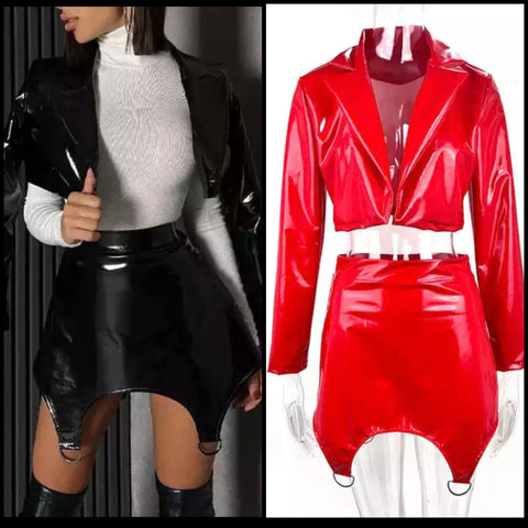 Women Sexy Fashion PU Two Piece Jacket Skirt Set