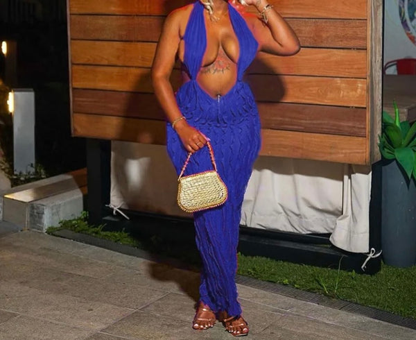 Women Sexy Sleeveless Halter Solid Color Maxi Dress