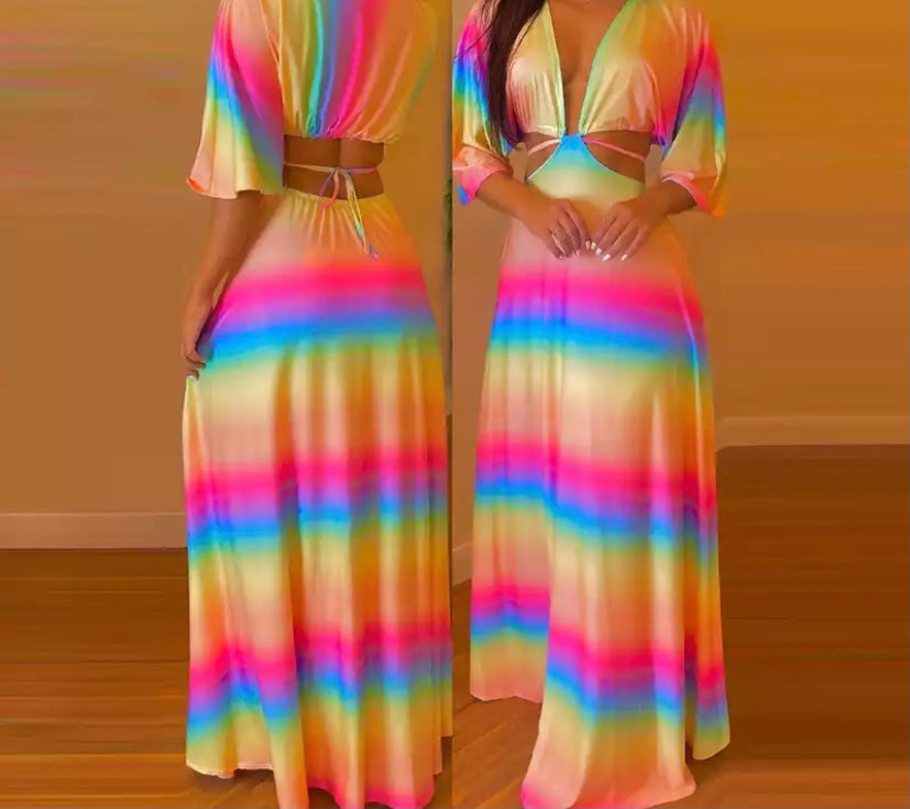 Women Rainbow Striped Open Back Maxi Dress