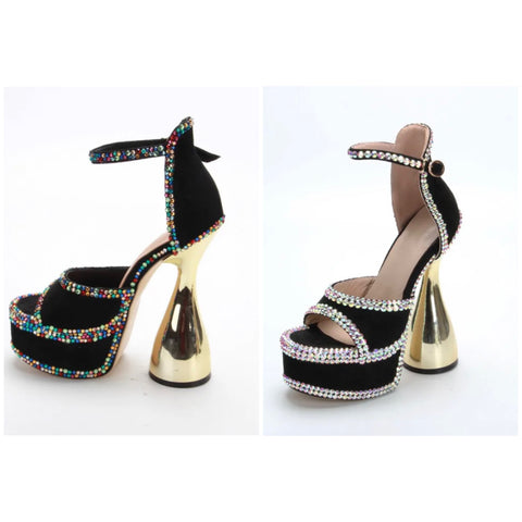 Women Rhinestone Patchwork Platform Fashion Gold Heel Sandals