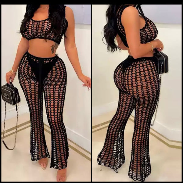 Women Sexy Sleeveless Knitted Two Piece Beachwear Pant Set