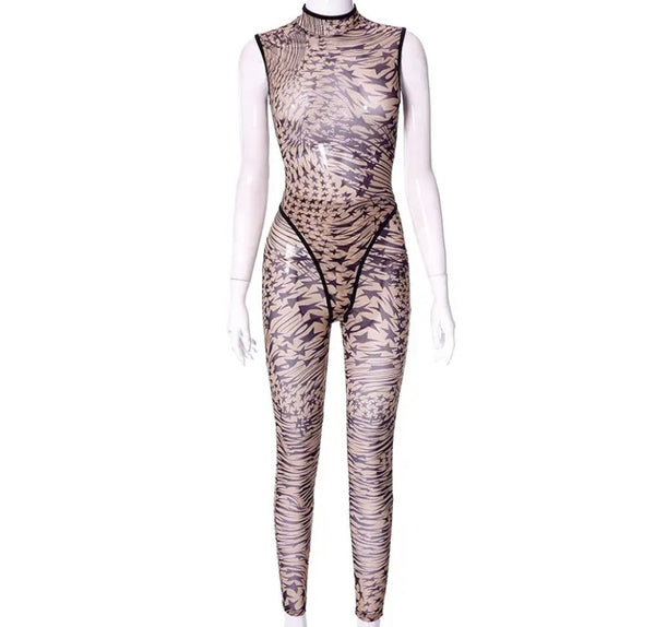 Women Printed Mesh Sleeveless Sexy Bodysuit Two Piece Pant Set