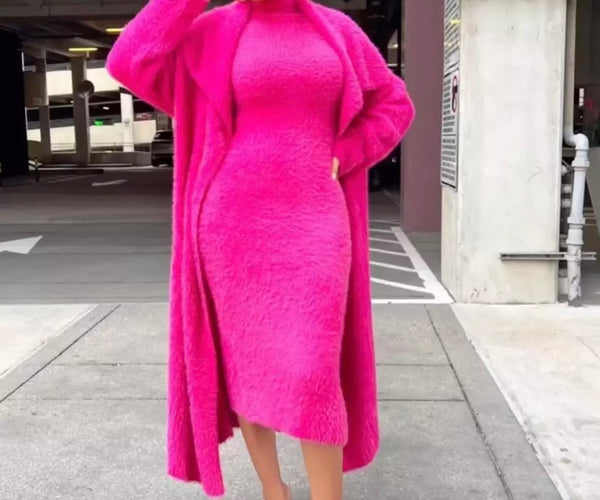 Women Fashion Pink Sexy Cardigan Dress Set