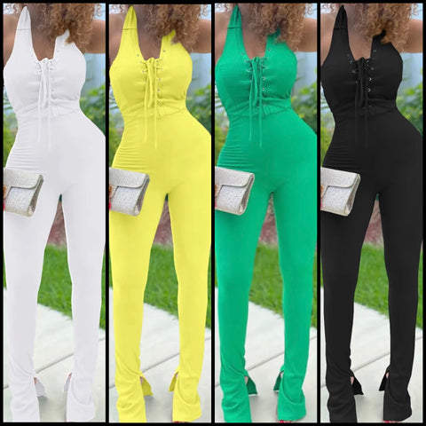 Women Sexy Halter Lace Up Solid Color Jumpsuit