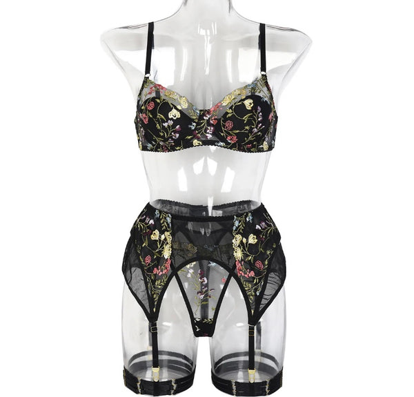 Women Sexy Black Colorful Floral Mesh Lingerie Set