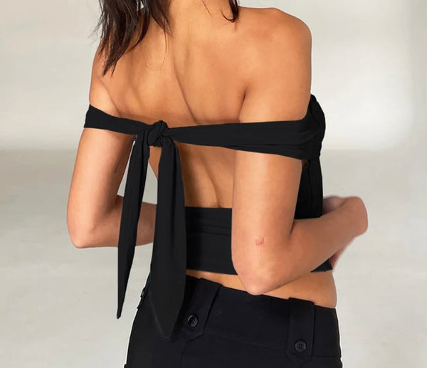 Women Sexy Off The Shoulder Tie Up Open Back Crop Top