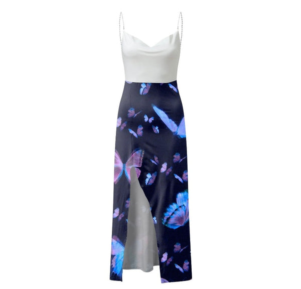 Women Sexy Sleeveless Printed High Side Slit Dress