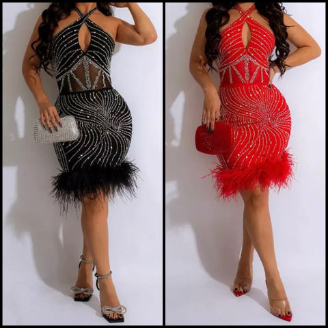 Women Sexy Mesh Patchwork Bling Halter Feather Dress