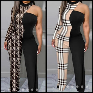 Women Sexy Printed Patchwork One Shoulder Jumpsuit