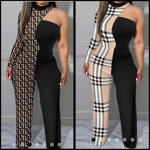 Women Sexy Printed Patchwork One Shoulder Jumpsuit