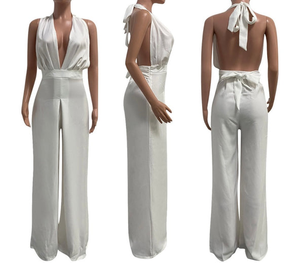 Women Solid Color Deep V-Neck Halter Wide Leg Jumpsuit