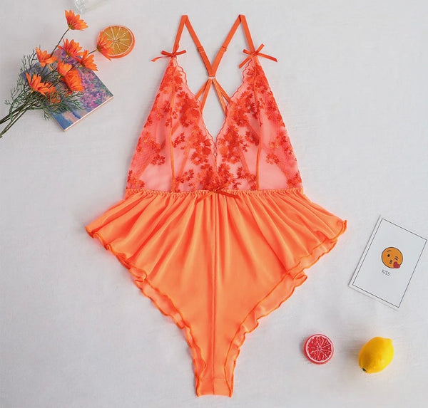 Women Orange Sexy Floral Lace Patchwork Bodysuit Lingerie