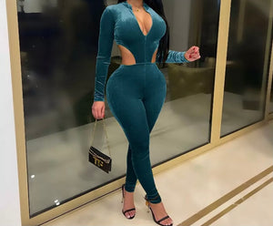 Women Sexy Cut Out Velour Full Sleeve Jumpsuit