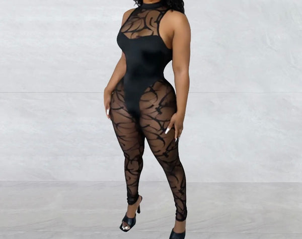 Women Black Sexy Sleeveless Mesh Patchwork Jumpsuit