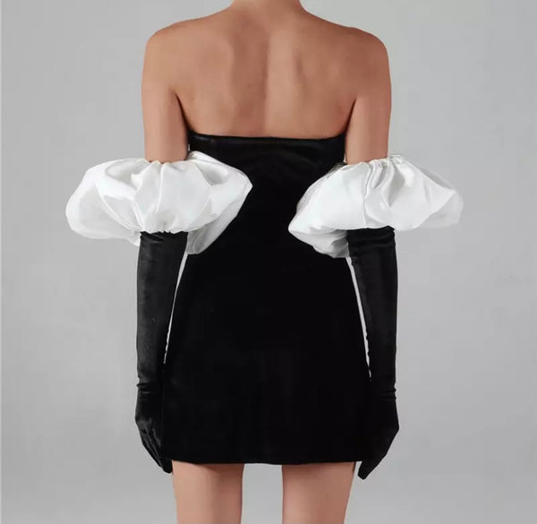 Women Strapless Sexy Velour Puff Glove Dress