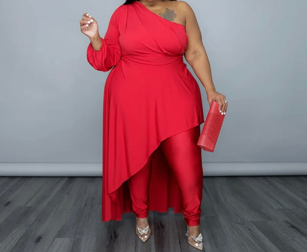 Women Sexy One Shoulder Asymmetrical Red Two Piece Pant Set