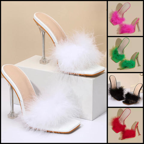 Women Square Toe Feather High Heel Slide On Sandals