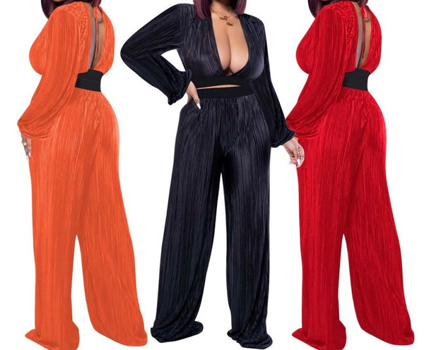 Women Sexy Full Sleeve Crop Open Back Two Piece Pant Set