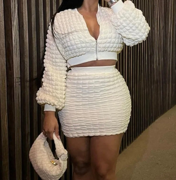 Women White Sexy Zipper Full Sleeve Two Piece Skirt Set