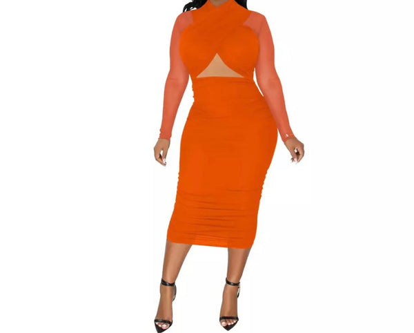 Women Sexy Mesh Long Sleeve Cut Out Dress