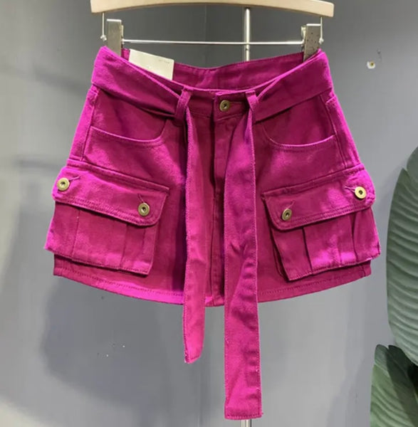 Women Fashion Belted Pocket Mini Skirt