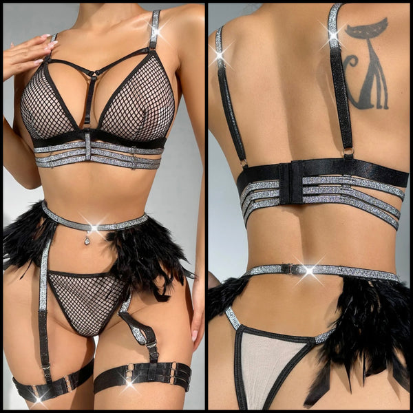 Women Sexy Feather Bling Mesh Lingerie Set