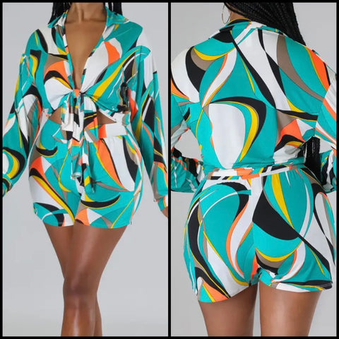 Women Fashion Multicolored Print Full Sleeve Two Piece Short Set