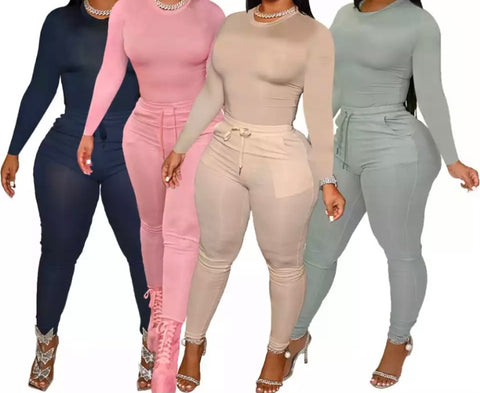 Women Sexy Solid Color Two Piece Long Sleeve Pant Set