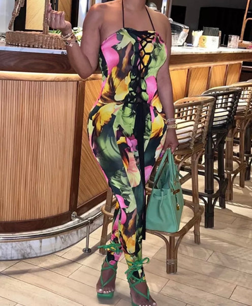 Women Sleeveless Colorful Floral Print Fashion Jumpsuit