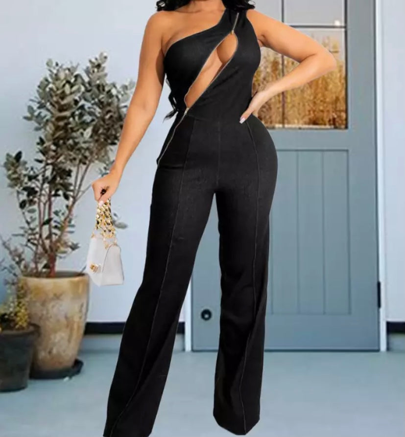 Women Sleeveless Fashion Front Zipper Denim Jumpsuit