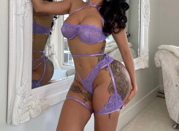 Women Sexy Lace Mesh Purple Lingerie Set