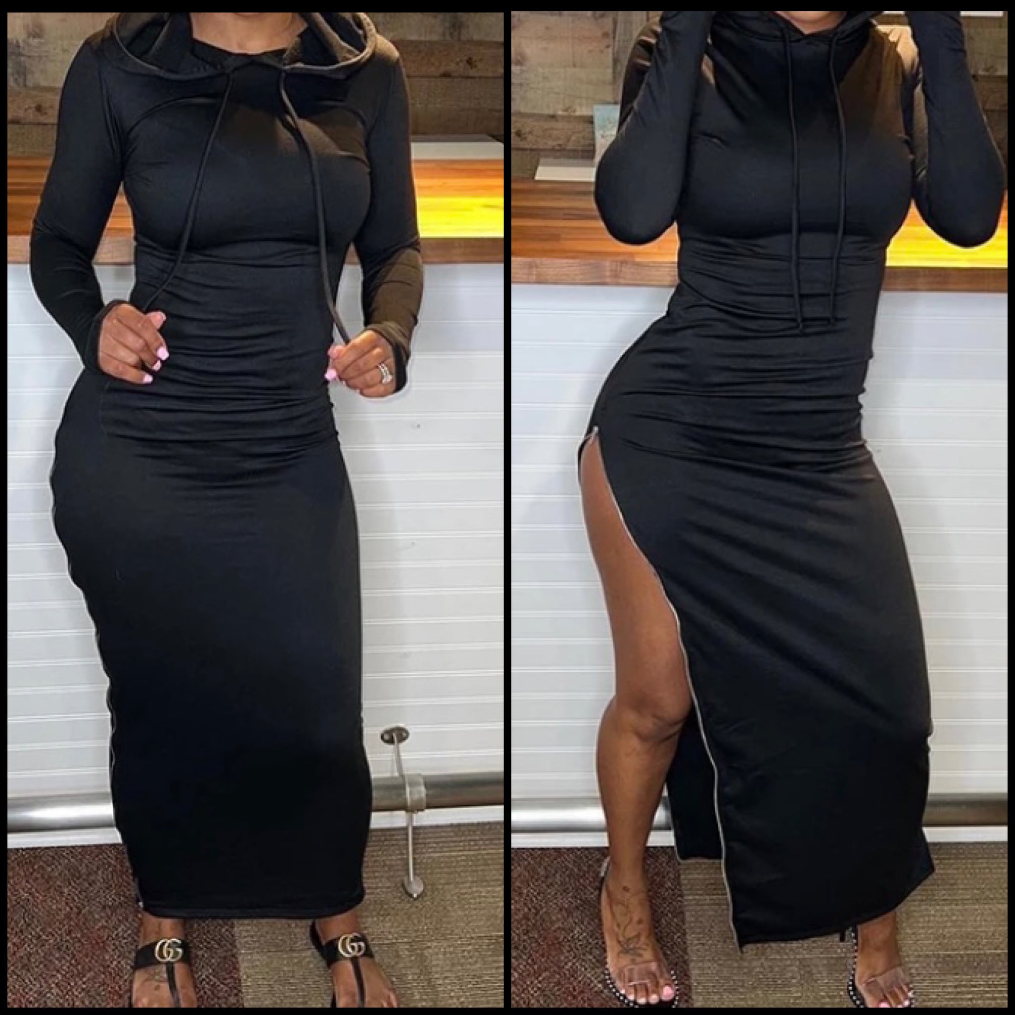 Women Fashion Hooded Side Zipper Full Sleeve Maxi Dress