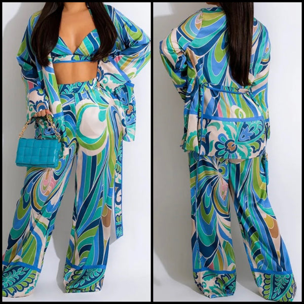Women Printed Sexy Three Piece Wide Leg Pant Set