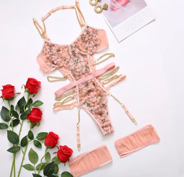 Women Sexy Pink Floral Mesh Chain Bodysuit Lingerie