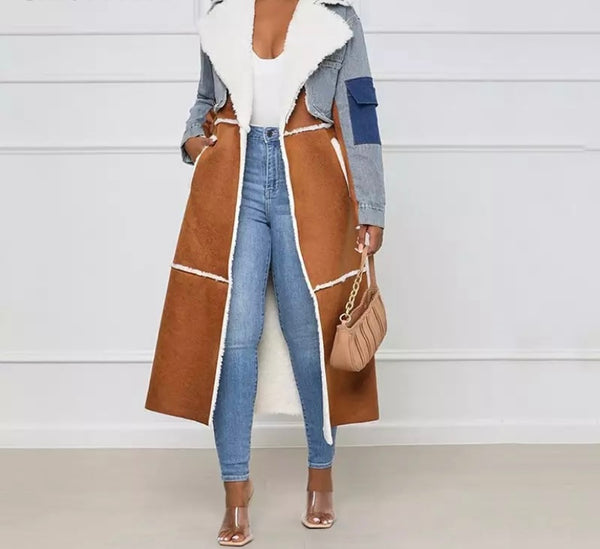 Women Denim Patchwork Long Fashion Jacket